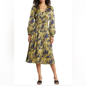 NWT Julia Jordan Floral Print Long Sleeve Shirred Midi Dress